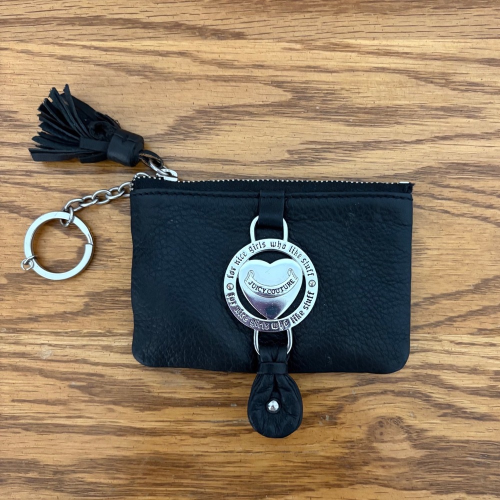 Juicy Couture Black Leather Coin Purse Keychain Heart Medallion Tassel Y2K